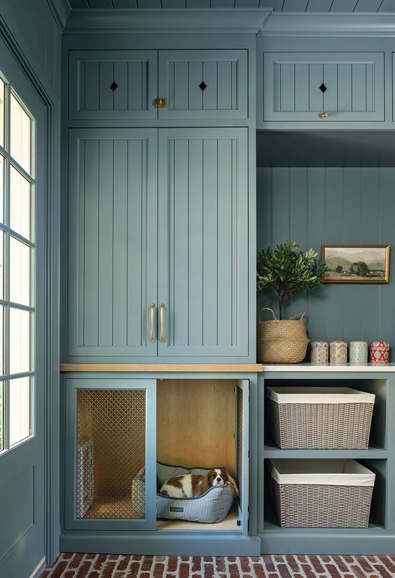 a turquoise farmhouse laundry with cabinets and wardrobes and a built-in dog kennel and some rustic touches