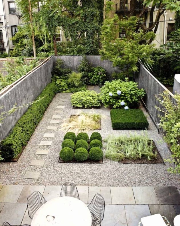 a small backyard with mini flower beds with different types of plants and gravel and tiles around is pure modern elegance