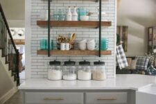 08 a grey farmhouse kitchen, a white tile backsplash and suspended shelves, white countertops for a rustic space