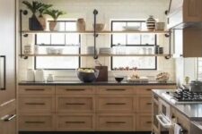 16 a stained kitchen with shaker style cabinets, black stone countertops and black handles, long open shelves instead of upper cabinets is cool