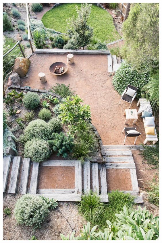 a small multi-zonal garden with a terrace and steps, with greenery and shrubs and a fire bowl, some chairs and stools