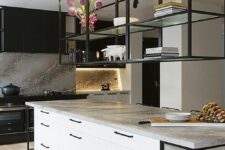 28 a contemporary kitchen with black cabinets, a white kitchen island, suspended shelves over the island and built-in lights