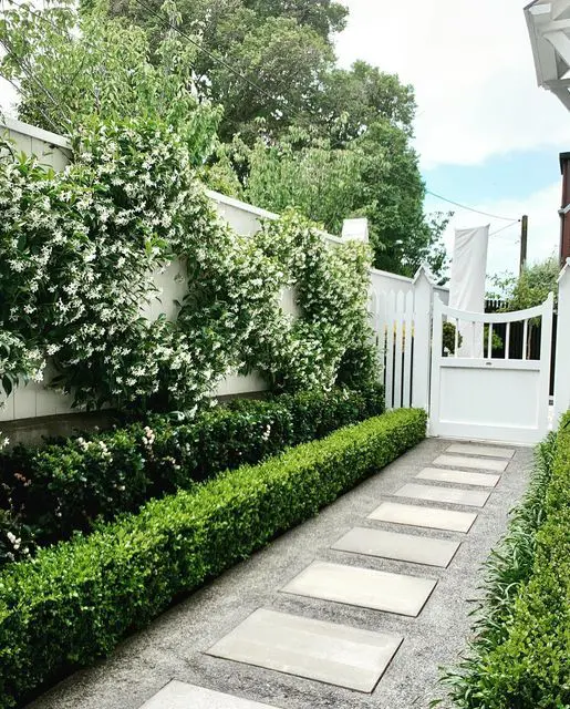 a polished side garden with greenery and shrubs, white blooming wreaths and a concrete tile pathway