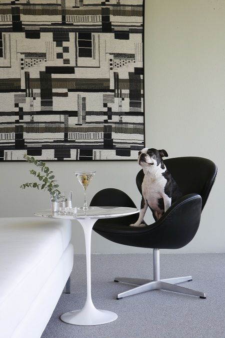 a contrasting space with a white sofa, a black Swan chair, an artwork, a white side table and greenery