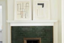 33 a hunter green brick fireplace with copper detailing and abstract artworks on the mantel looks very elegant and refined