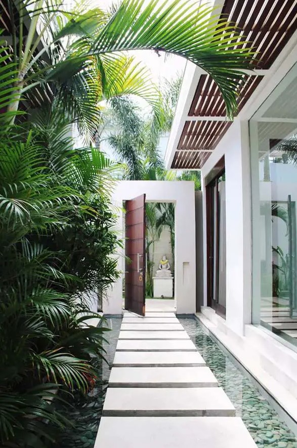 a contemporary side yard with pavers rising out of a shallow pool of water, with tropical greenery long them