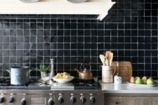 30 a shiny black tile backsplash with white grout is a statement idea for any kitchen with a retro feel