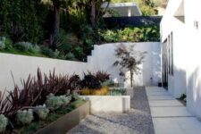 44 a modern and edgy side yard with a stone and gravel path, potted greenery and plants and a tree