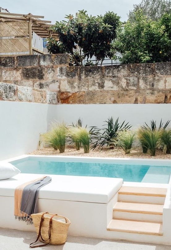 a small plunge pool with a staircase, some grasses growing by the pool and some blankets and pillows