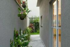 59 a small modern side yard with a concrete path, greenery and potted plants along the path is a stylishs pace