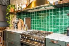 63 a stylish olive green kitchen with leather handles, a bold green tile backsplash and open shelves plus white stone countertops