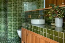 64 a welcoming bathroom with green square tiles and a stained floor and vanity, white applinaces and brass fixtures and a large mirror