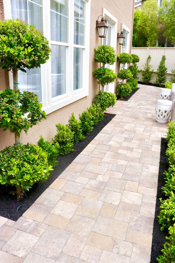 an elegant and chic side yard with a stylish brick path, elegant and manicured greenery and trees is a lovely space