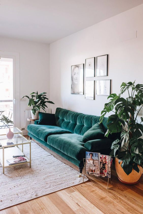 a catchy living room with a bold green sofa, glass coffee tables, a magazine stand, potted plants and a gallery wall