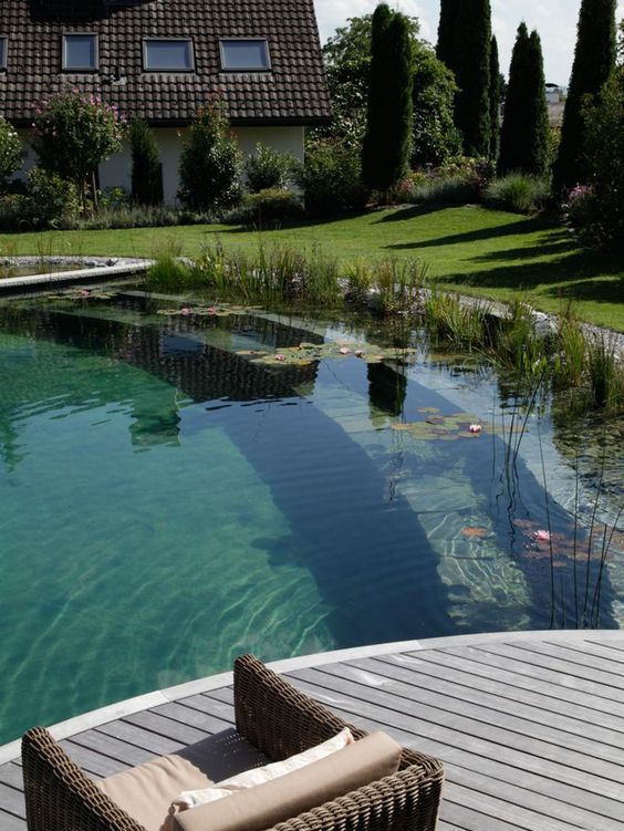 a cool natural swimming pond with stone steps and water plants, a wooden deck and a rattan chair is cool and welcoming