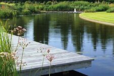 a large natural swimming pool with natural borders done with greenery and blooms and a wooden deck over this pool