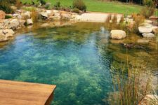 a natural swimming pool clad with stones and rocks, with water plants and a wooden deck is a good place for swimming