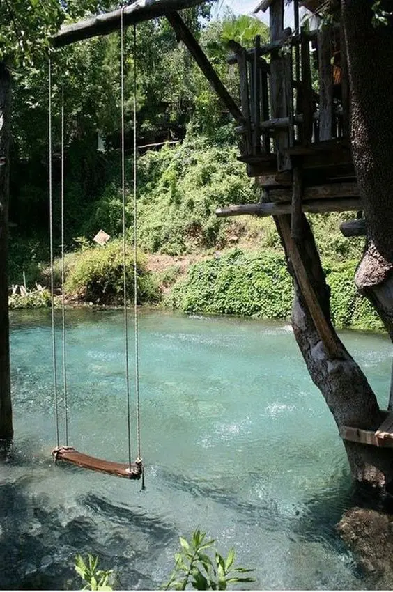a natural swimming pool surrounded with greenery, with a swing and a tree house to jump into water is amazing