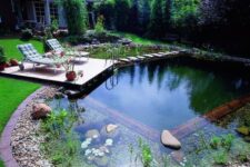 a pretty small swimming pond with a wooden border, rocks and water plants, a small deck with loungers and greenery around