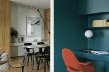 a deep teal niche with built-in shelves and a desk, an orange chair, a table lamp and built-in lights is great for working