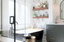 a cozy bathroom with practical niche shelves