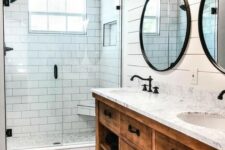 a modern farmhouse bathroom with a stained vanity, hex tiles on the floor and dark wooden beams
