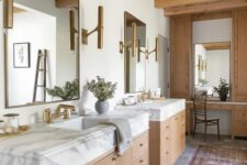 a cozy bathroom with a wooden ceiling