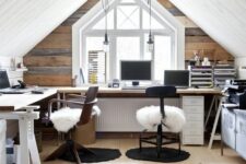 a modern farmhouse home office with a reclaimed wood wall, a large corner desk, some chairs, a rug and a locker as a storage unit