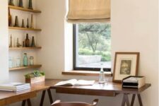 a modern rustic home office with burlap shades, a wooden corner desk, a wooden chair and open shelves