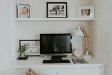 a niche with built-in shelves and a desk with drawers, a stained chair, some decor and photos is a lovely idea for a small home