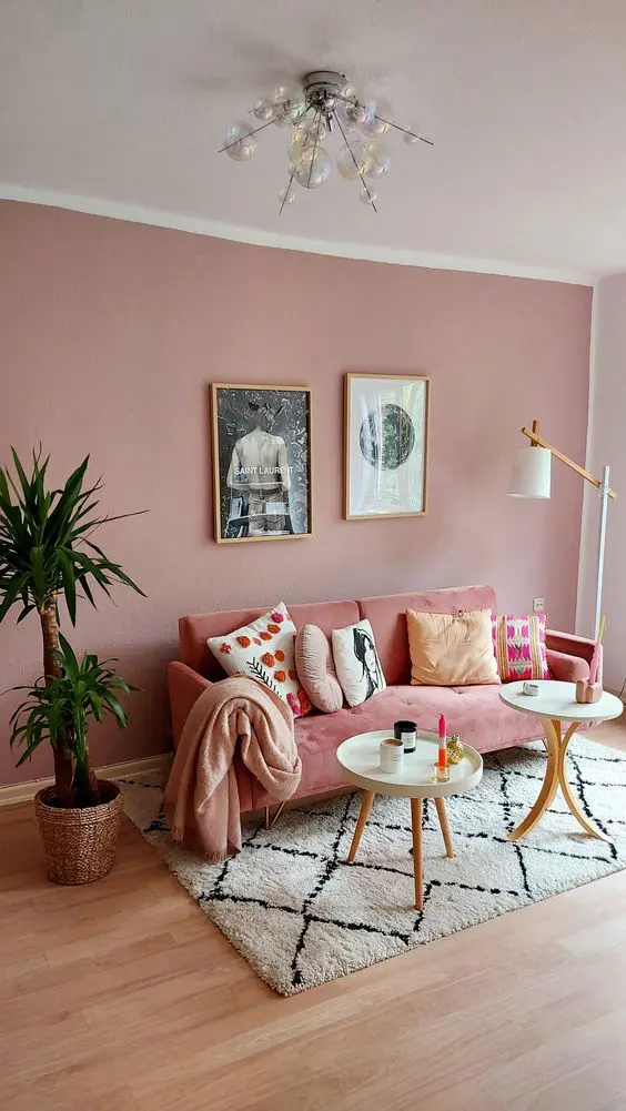 a pink living room with a pink accent wall, a pink sofa with printed pillows, coffee tables and a potted plant