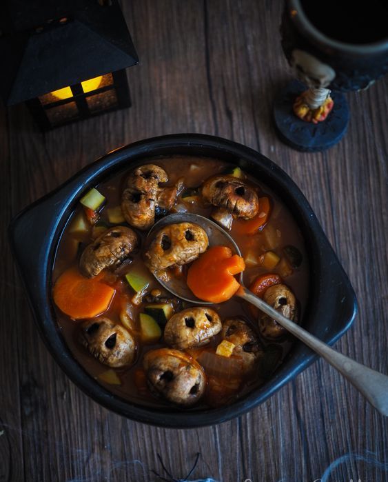 a ghoulish skull and pumpkin soup with veggies and mushrooms is a great idea for Halloween