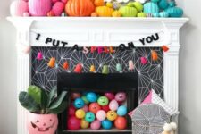 03 rainbow pumpkins, colorful balloons, bright tassle ghosts and a garland for Halloween