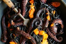 04 black pasta with octopus and some bright sauce is a gorgeous idea for an adult Halloween party