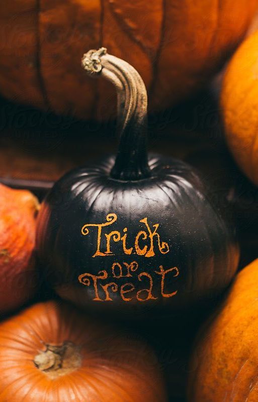 a classy Trick ot Treat pumpkin with letters left non-painted is a cool and easy to realize decoration for Halloween