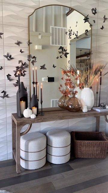 Elegant Halloween mirror decor with black paper butterflies is a cool and chic idea that is non typical