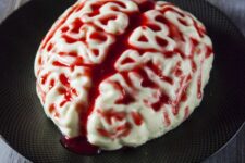 22 a brain-shaped panna cotta with strawberry sauce is a scary Halloween dessert to try