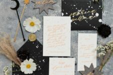25 a beautiful celestial Halloween party invitations in black, white and with gold calligraphy, with splattered paint
