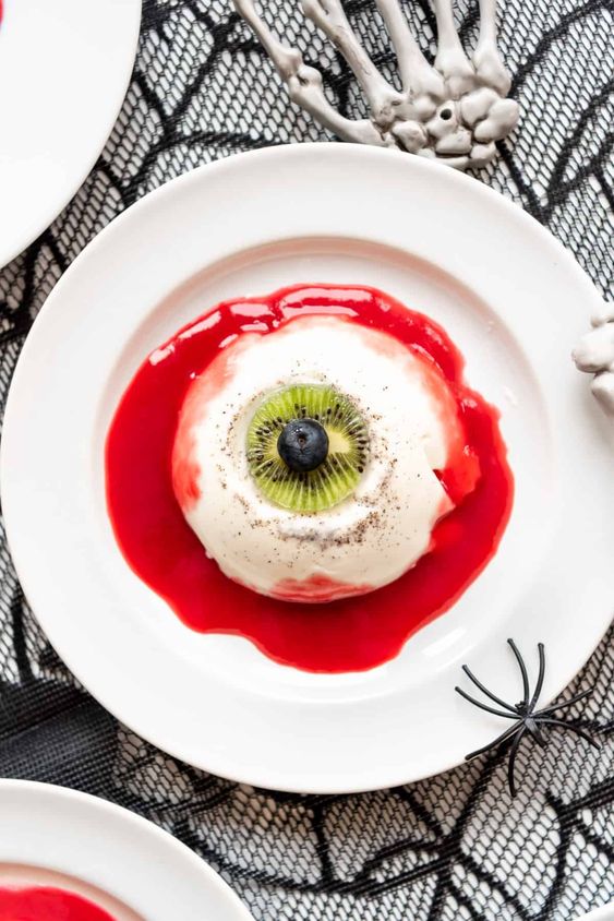 bloody panna cotta eyeballs are a creative dessert for a Halloween party, they can be delicious and look bold