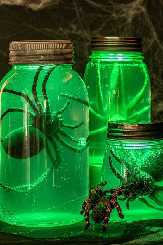 creepy Halloween specimen jars that glow brightly in the dark and contain giant spiders will be a nice prop for both a kid and an adult party
