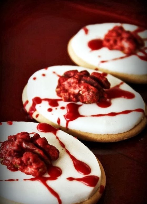 brain cookies made with nuts and red sauce instead of blood are great desserts for your Halloween party