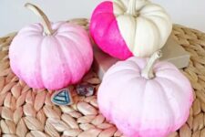 35 DIY ombre and color block pumpkins in the shades of pink are a great idea for a pink Halloween space