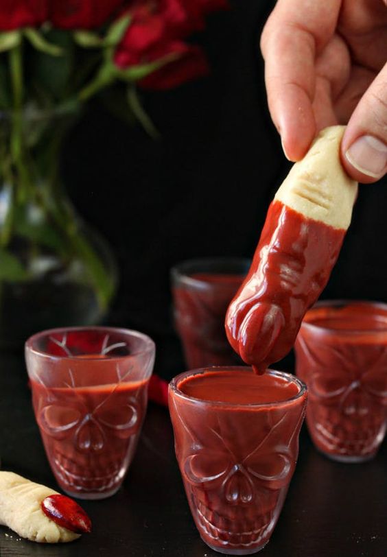 Finger shaped cookies and strawberry sauce will help you create very freaky Halloween desserts