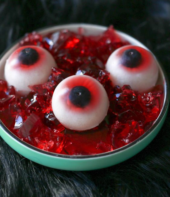 gummy eyeballs as a Halloween dessert, with red bloody jelly, are amazing for an adult party
