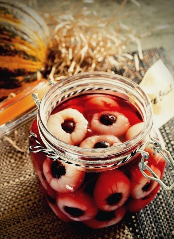 lychee and blueberry eyeballs ina  jar will impress and scare everyone, they look quite realistic