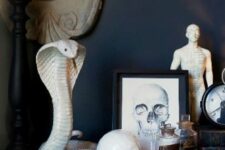 41 Halloween console table styling with a black cobra snake, a skull, a skull print and some poison bottles