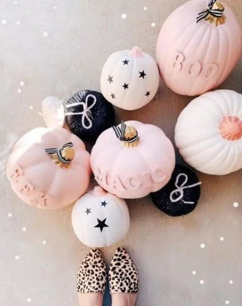 beautiful modern light pink, blush and black pumpkins with stars and matching letters are adorable for Halloween