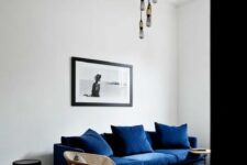 an elegant living room with a navy sofa