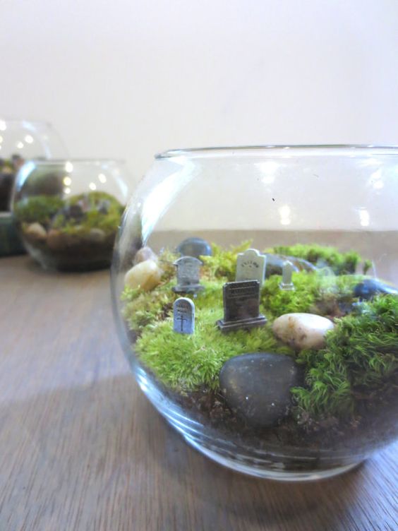 a fast to make Halloween terrarium with moss, pebbles and a graveyard is a stylish and cute decoration