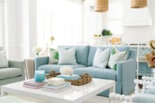 a new traditional coastal living room with a blue sofa, mint blue chairs, mint green stools, a coffee table